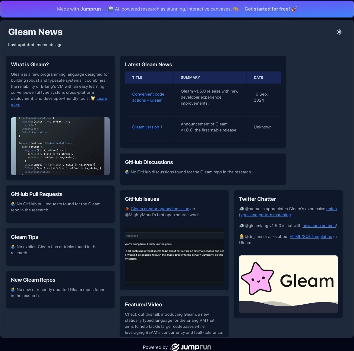 Gleam is a new statically typed functional programming language for the Erlang VM, designed for building robust concurrent systems.